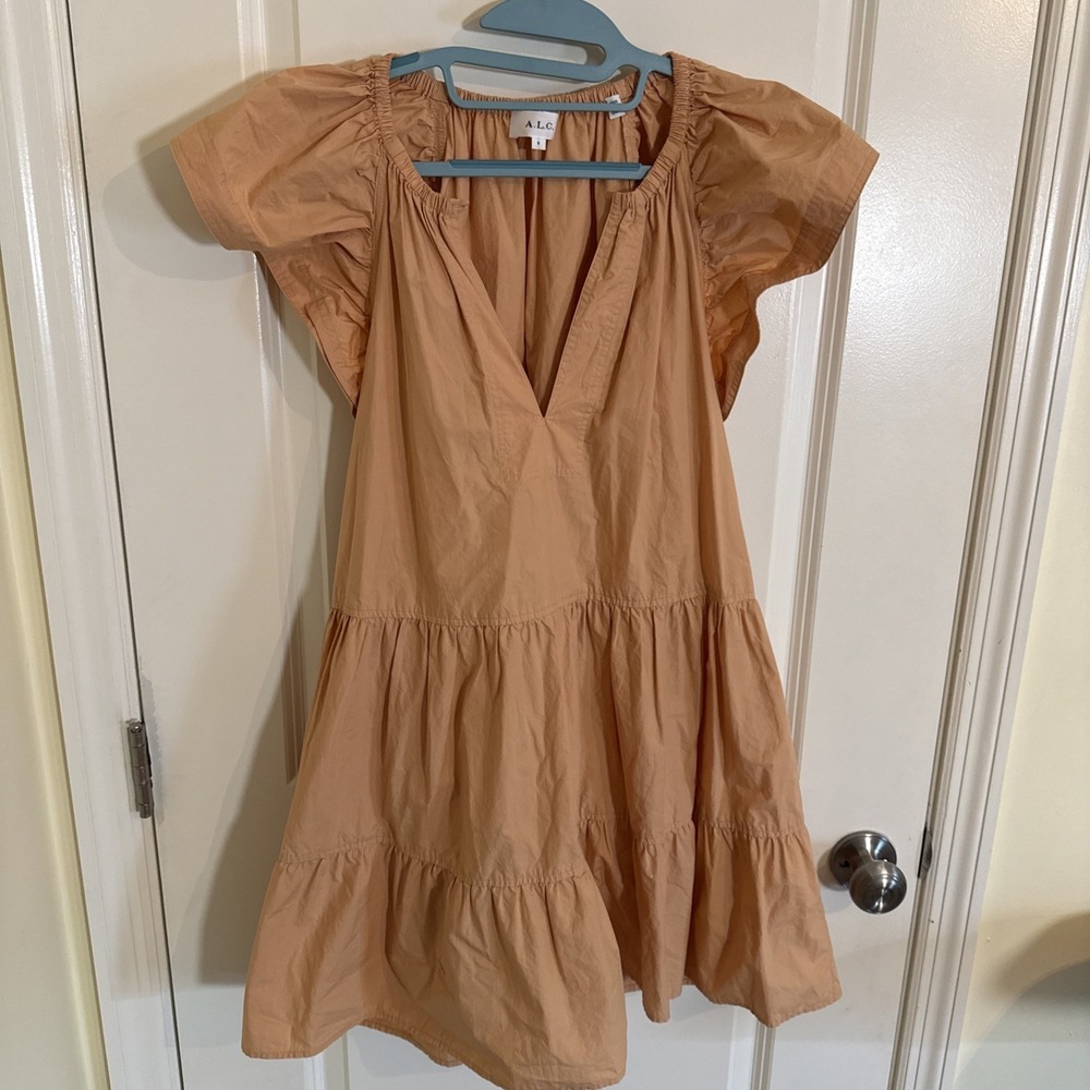 A.L.C. Harper Ruffle Sleeve Dress Peach Orange Mini Cotton Tiered A Line US 8